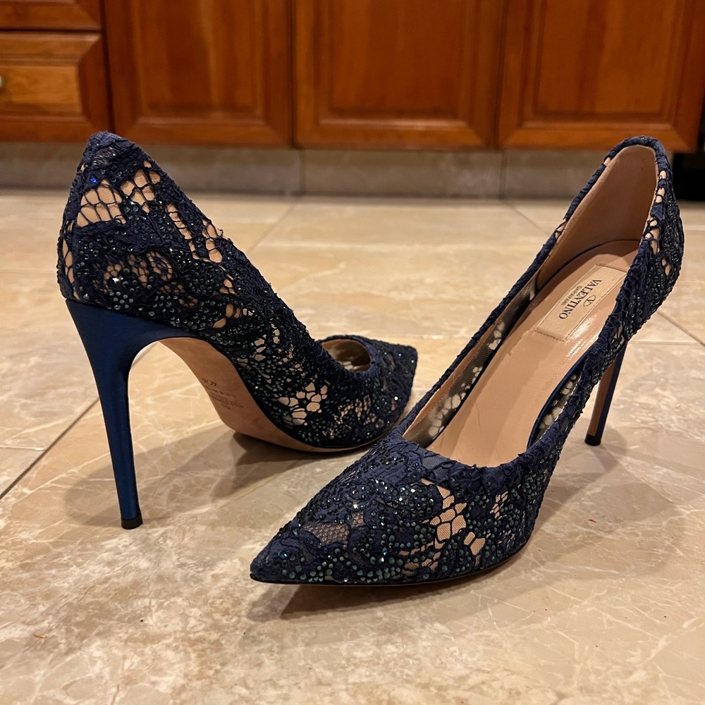 Valentino Garavani Blue Crystal Rhinestone Lace heels